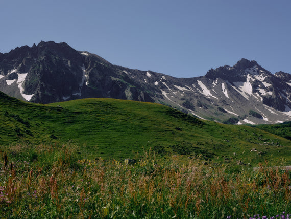 Green alpine slopes under a bare rock ridge