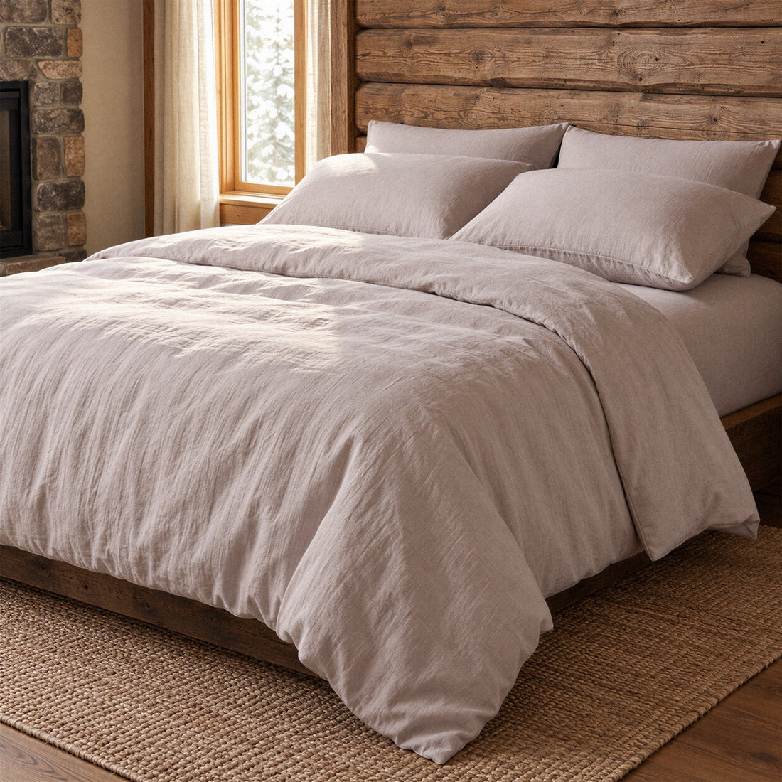 The bed made up in Mesa — 190gsm European flax linen