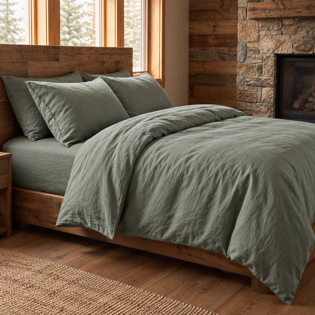 The bed made up in Woods — 190gsm European flax linen