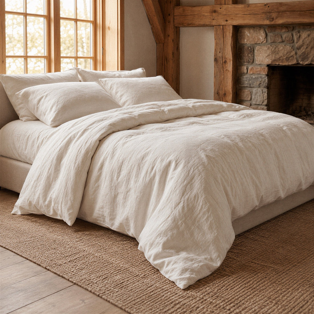 The bed made up in Yarrow — 190gsm European flax linen