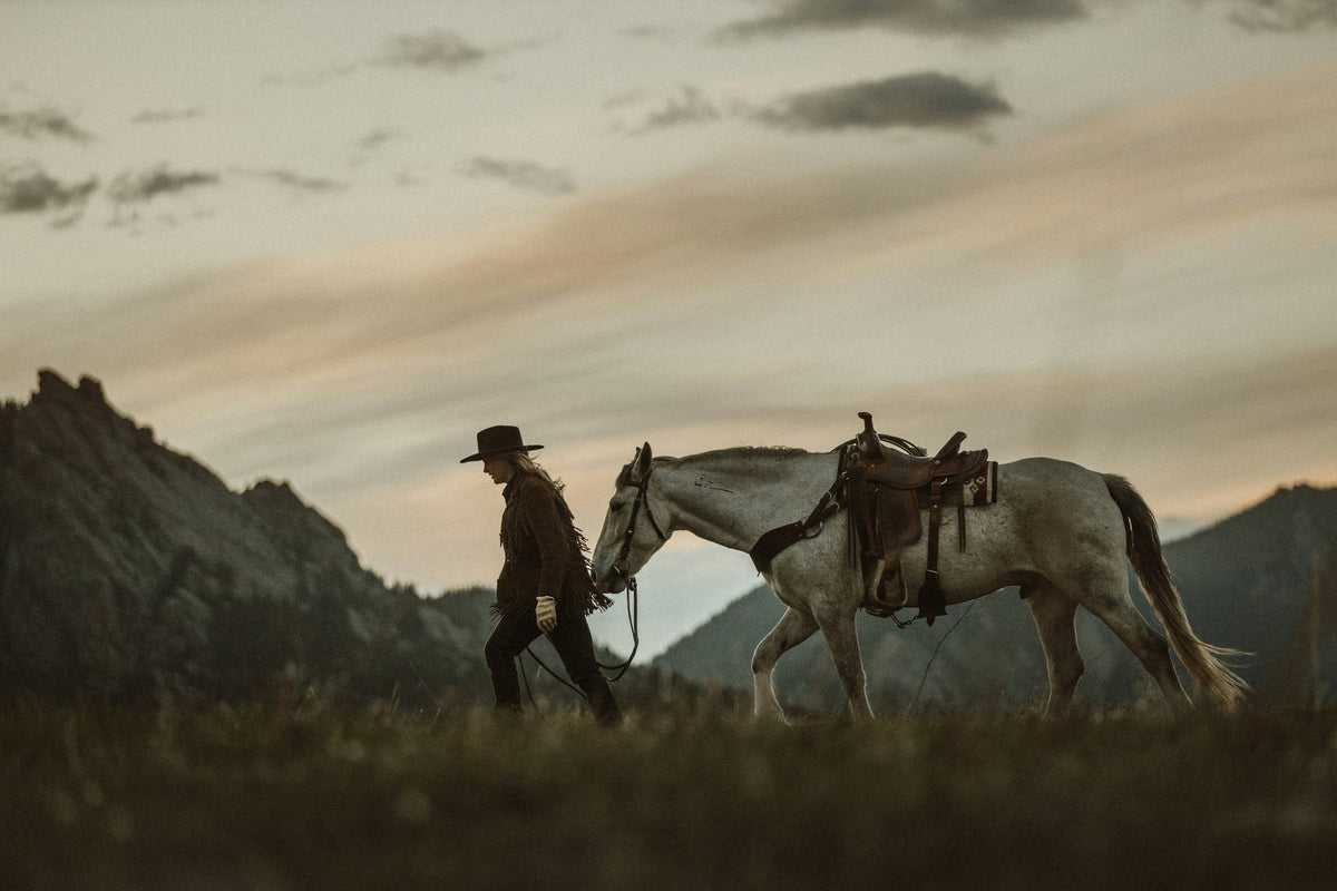 A rider leading a horse across high country at sunset.